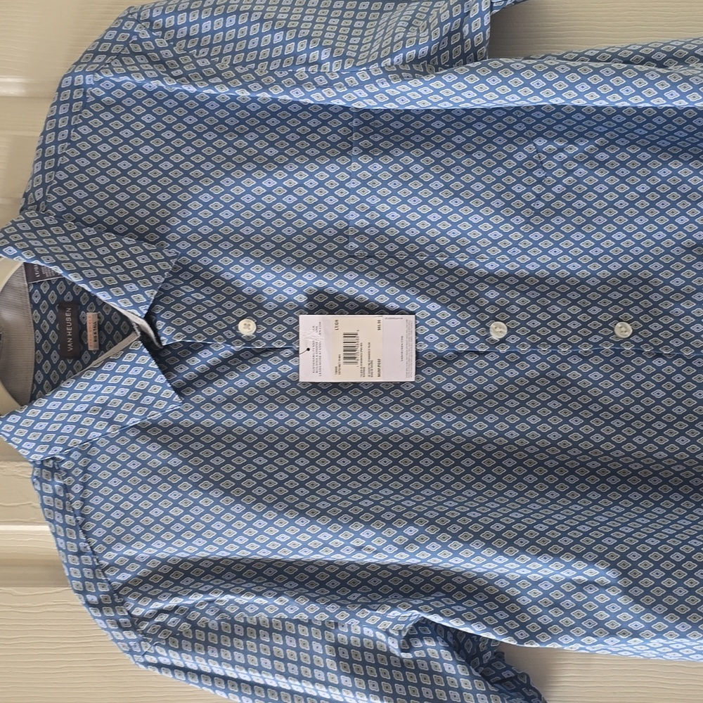 VAN HEUSEN MEN'S BIG & TALL WHITE & BLUE GEO SHORT SLEEVES BUTTON SHIRT LT